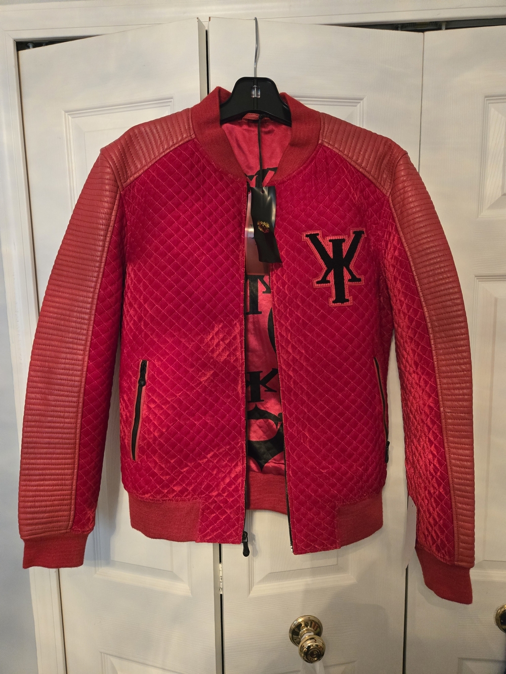 Men's Red Quilted Bomber Jacket with Contrast Sleeves